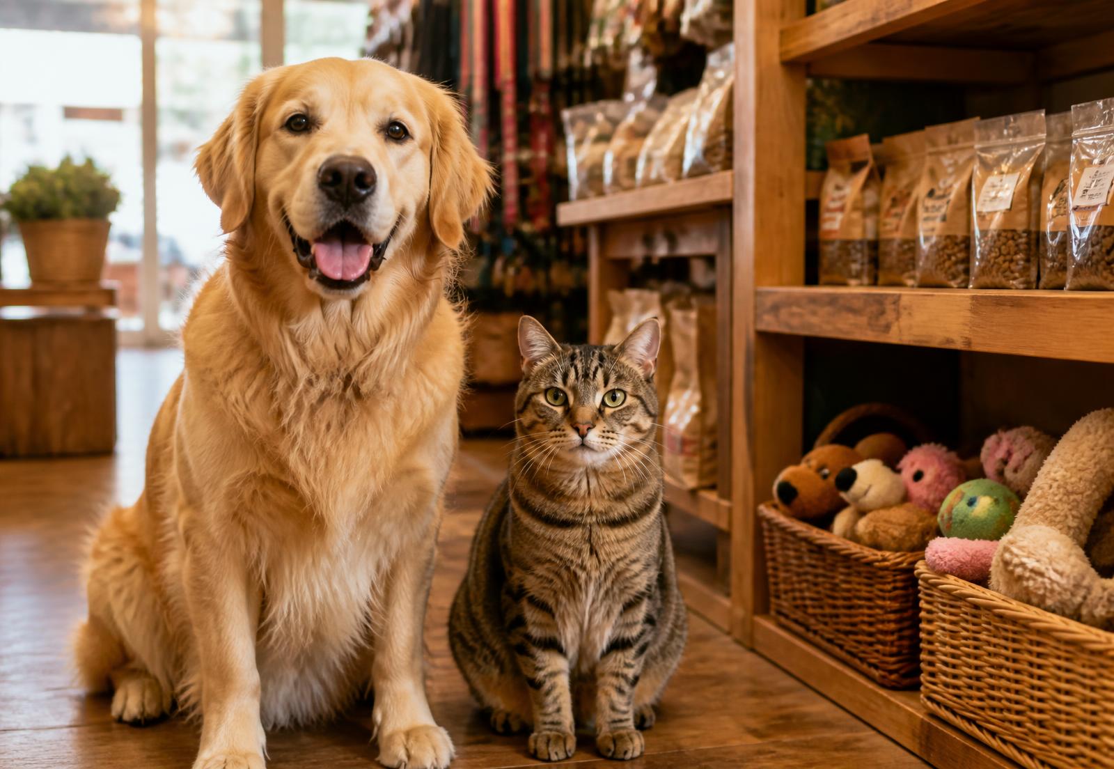 Cão e gato juntos no salão do pet shop, ao lado de prateleiras com rações e brinquedos