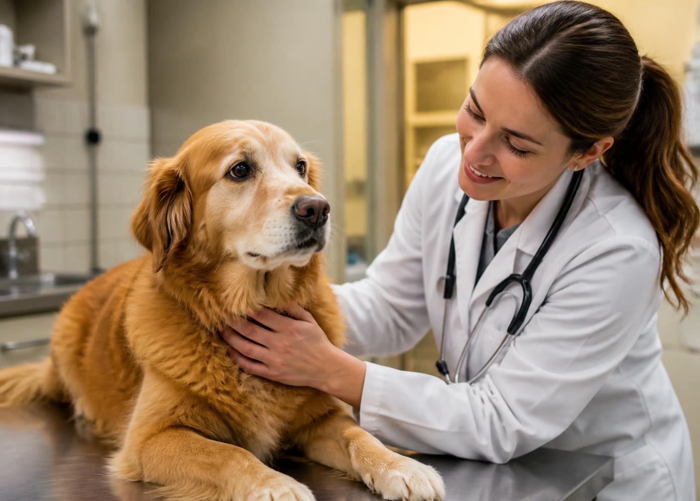 Médica veterinária examinando um cachorro sobre a mesa do consultório